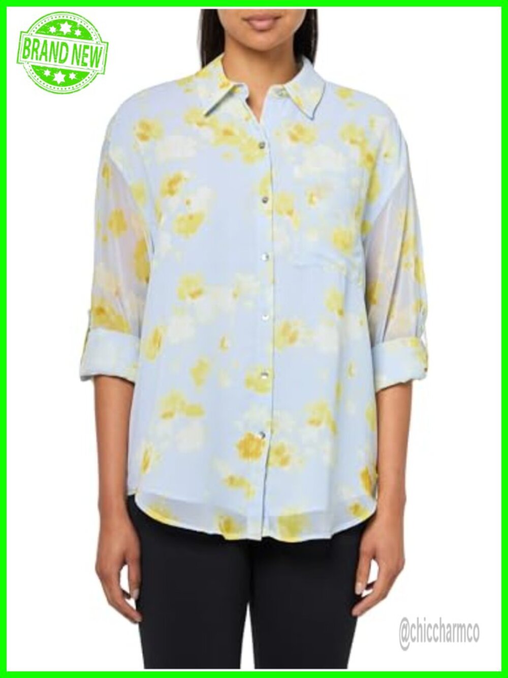 Printed Classic Button-Down Shirt Long Sleeve Point Collar Floral Blouse
